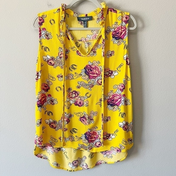 ModCloth Mustard Yellow Floral Like the Wind Tie-Neck Sleeveless Blouse Medium - Picture 5 of 13
